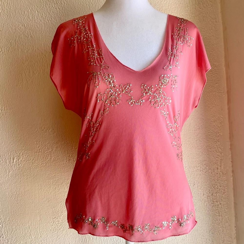 Vintage 90's Y2K pink stretch mesh flutter sleeve top w/ gold sequins Sz S